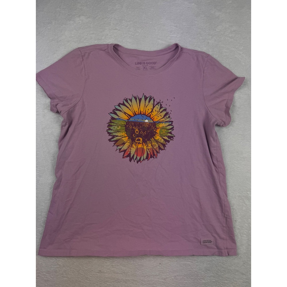 Life is Good Crusher Tee Womens XL Purple Sunflower Graphic Short Sleeve T-Shirt